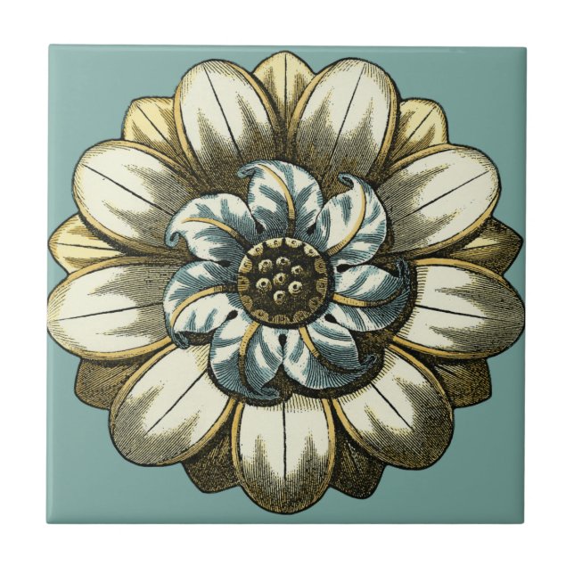 Ornate Blommigt Medallion on Light Blue Background Kakelplatta (Framsidan)