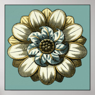 Ornate Blommigt Medallion on Light Blue Background Poster