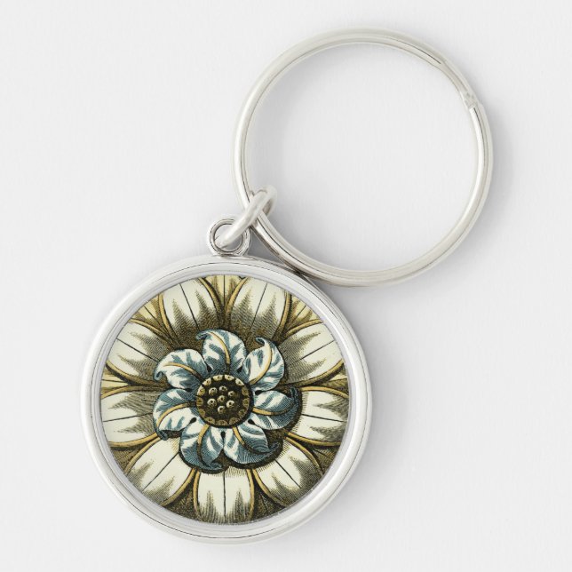 Ornate Blommigt Medallion on Light Blue Background Rund Silverfärgad Nyckelring (Framsidan)