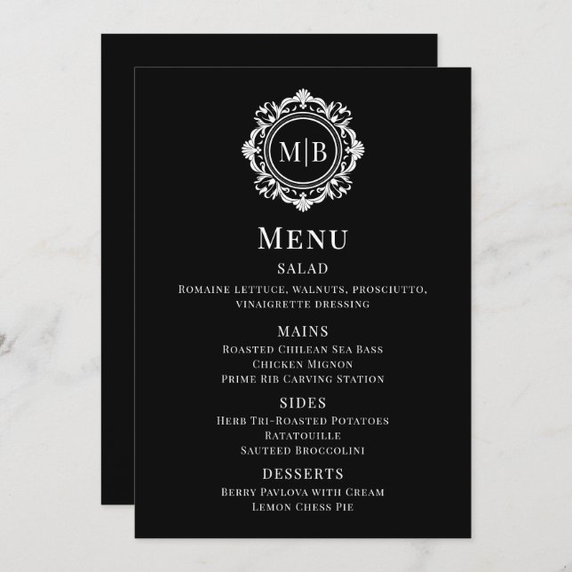 Ornate Blommigt Monogram Black White Bröllop Menu Meny (Fram/baksida)