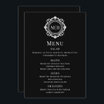 Ornate Blommigt Monogram Black White Bröllop Menu Meny<br><div class="desc">Menykort för svartvit Anpassningsbar i Ornate Blommigt Monogram Bröllop innehåller personligens monogram initialer i skripttypografi för elegant omgiven av en dekorerad blommigt ram. Perfekt lyxmenyer för bröllop,  förlovningar,  årsdagar,  födelsedagar,  cocktail party,  party,  jul,  firande,  kreativa företag och företag. Skapat av Evco Studio www.zazzle.com/store/evcostudio</div>