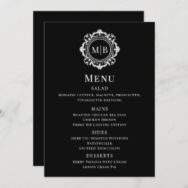 Ornate Blommigt Monogram Black White Bröllop Menu Meny