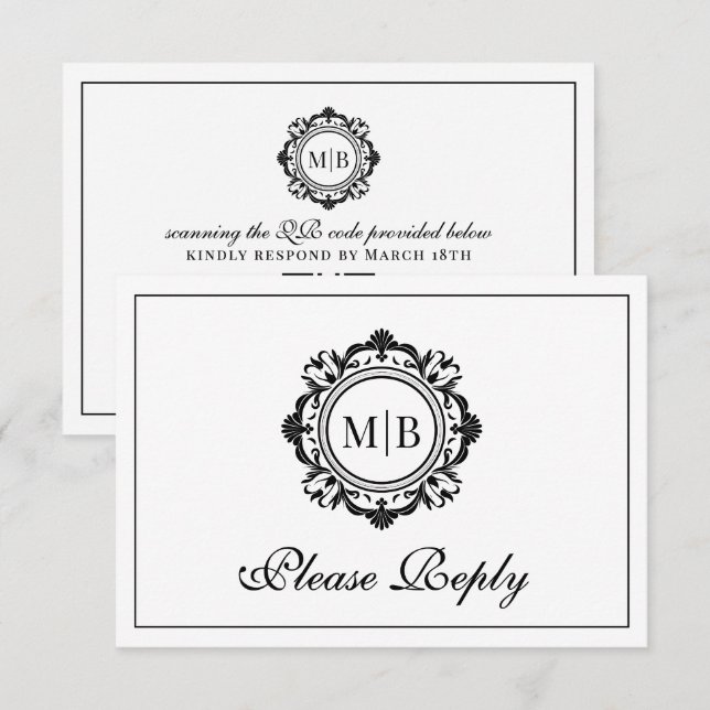 Ornate Blommigt Monogram Black White Bröllop OSA Kort (Fram/baksida)