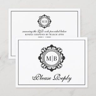 Ornate Blommigt Monogram Black White Bröllop OSA Kort