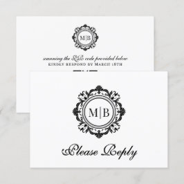 Ornate Blommigt Monogram Black White Bröllop OSA Kort