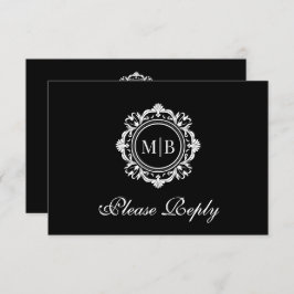 Ornate Blommigt Monogram Black White Bröllop OSA Kort