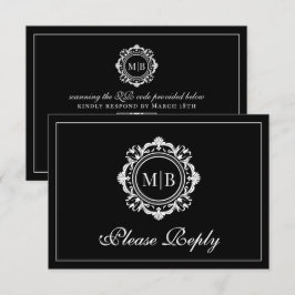Ornate Blommigt Monogram Black White Bröllop OSA Kort