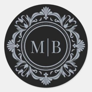 Ornate Blommigt Monogram Bröllop Black Silver Runt Klistermärke