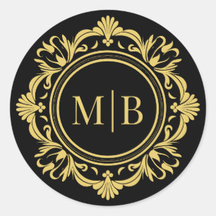 Ornate Blommigt Monogram Bröllop Elegant Black Gul Runt Klistermärke