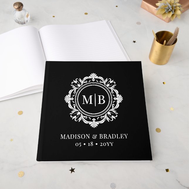 Ornate Blommigt Monogram Bröllop Elegant Black Whi Gästböcker (Framsidan öppen)