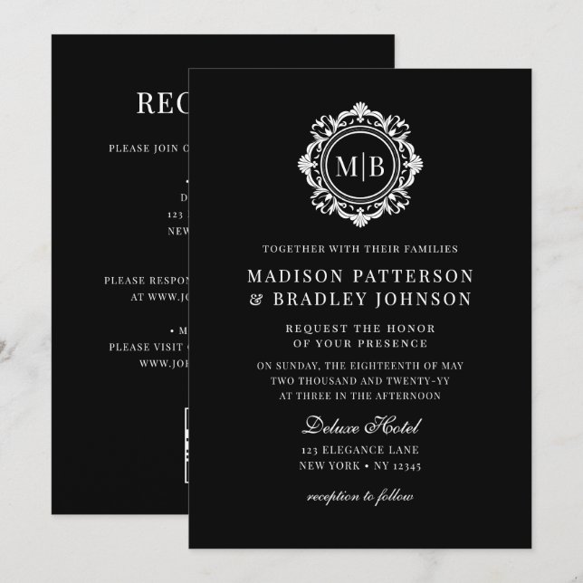 Ornate Blommigt Monogram Bröllop Elegant Black Whi Inbjudningar (Fram/baksida)