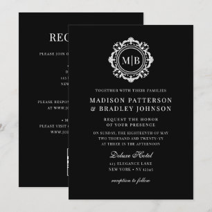 Ornate Blommigt Monogram Bröllop Elegant Black Whi Inbjudningar