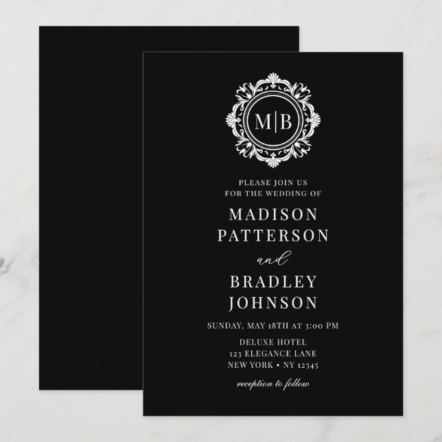 Ornate Blommigt Monogram Bröllop Elegant Black Whi Inbjudningar (Fram/baksida)