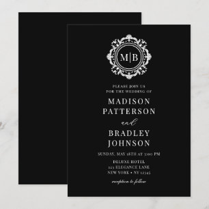 Ornate Blommigt Monogram Bröllop Elegant Black Whi Inbjudningar
