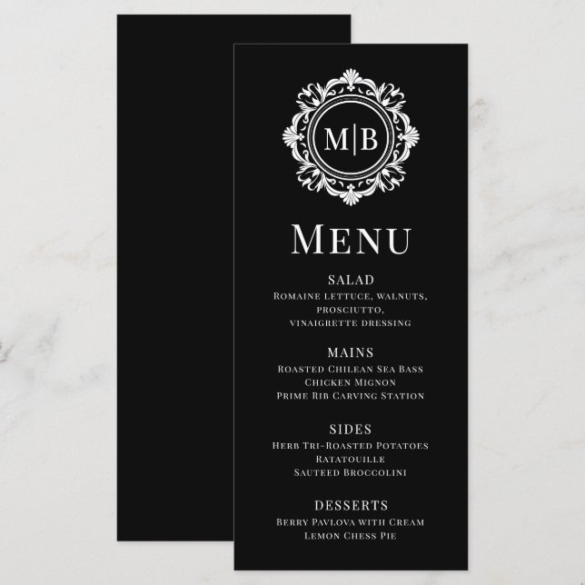 Ornate Blommigt Monogram Bröllop Elegant Black Whi Meny (Fram/baksida)