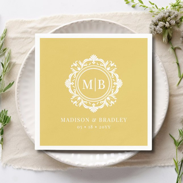 Ornate Blommigt Monogram Bröllop Elegant Guld Pappersservett (Skapare uppladdad)