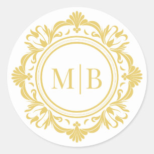 Ornate Blommigt Monogram Bröllop Elegant Guld Runt Klistermärke