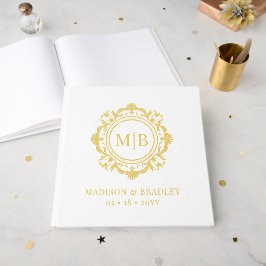 Ornate Blommigt Monogram Bröllop Elegant Guld Whit Gästböcker