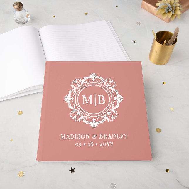 Ornate Blommigt Monogram Bröllop Elegant Ro Guld Gästböcker (Framsidan öppen)