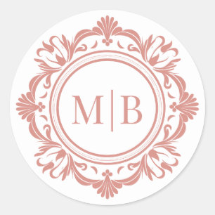 Ornate Blommigt Monogram Bröllop Elegant Ro Guld Runt Klistermärke