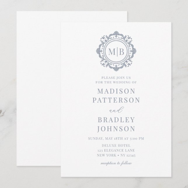 Ornate Blommigt Monogram Bröllop Elegant Silver Inbjudningar (Fram/baksida)