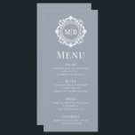 Ornate Blommigt Monogram Bröllop Elegant Silver Meny<br><div class="desc">Menyn för Ornate Blommigt Monogram Bröllop Elegant Silver har din personlig monogrammed initialer i elegant skripttypografi omgiven av en dekorerad blommigt ram och anpassningsbar textövertäckning. Lägg till lite stil och sofistikering till din bröllop-matupplevelse med dessa krävande menyer. Skapat av Evco Studio www.zazzle.com/store/evcostudio</div>