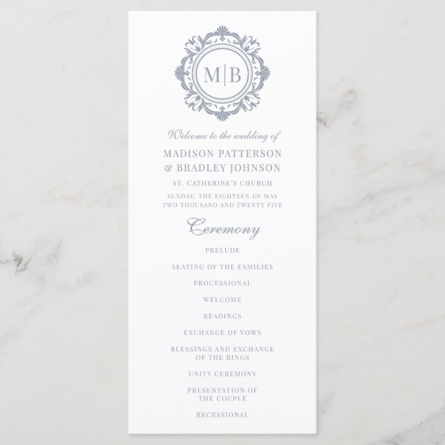 Ornate Blommigt Monogram Bröllop Elegant Silver Program (Framsida)