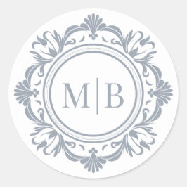 Ornate Blommigt Monogram Bröllop Elegant Silver Runt Klistermärke