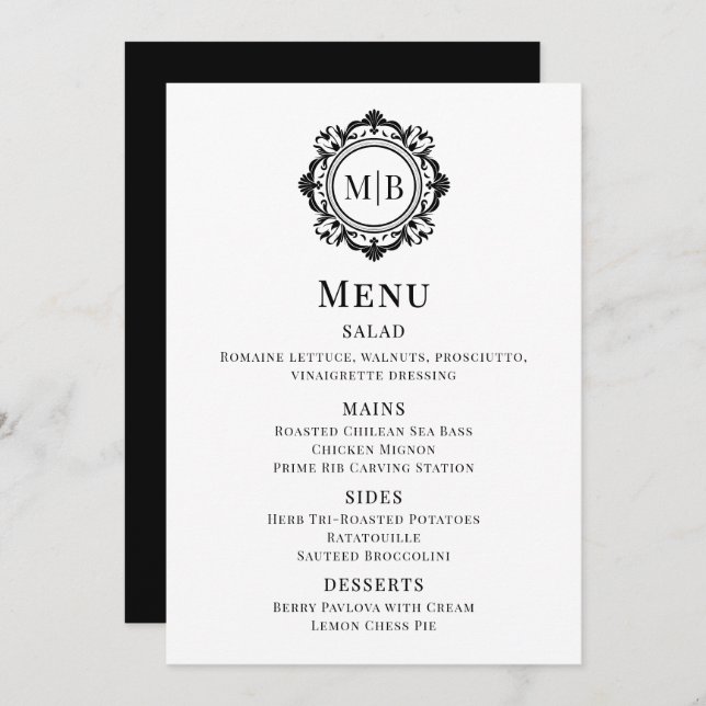 Ornate Blommigt Monogram Bröllop Menu Black White Meny (Fram/baksida)