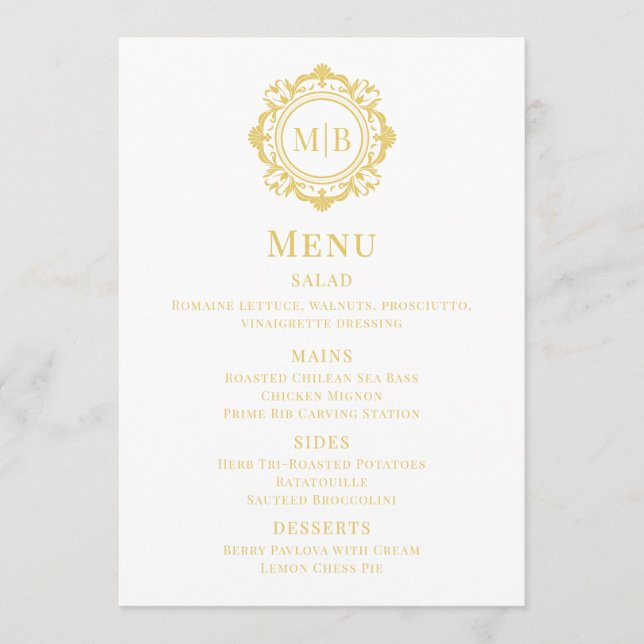 Ornate Blommigt Monogram Bröllop Menu Guld Meny (Framsida)