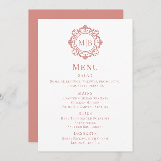 Ornate Blommigt Monogram Bröllop Menu Ro Guld Meny (Fram/baksida)