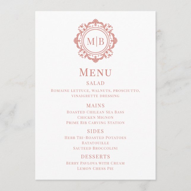 Ornate Blommigt Monogram Bröllop Menu Ro Guld Meny (Framsida)