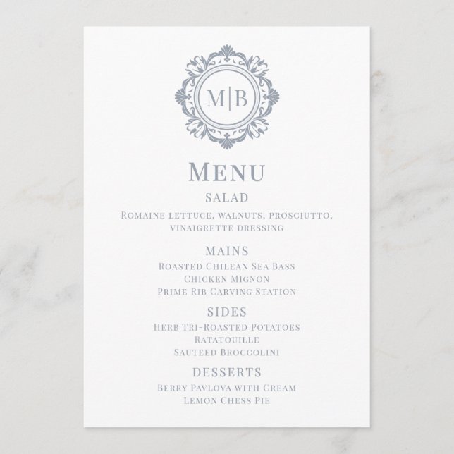 Ornate Blommigt Monogram Bröllop Menu Silver Meny (Framsida)