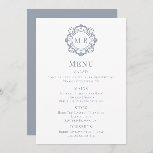 Ornate Blommigt Monogram Bröllop Menu Silver Meny (Fram/baksida)
