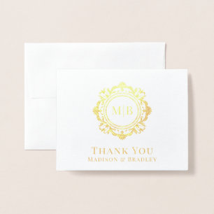 Ornate Blommigt Monogram Bröllop Tack Folierat Kort