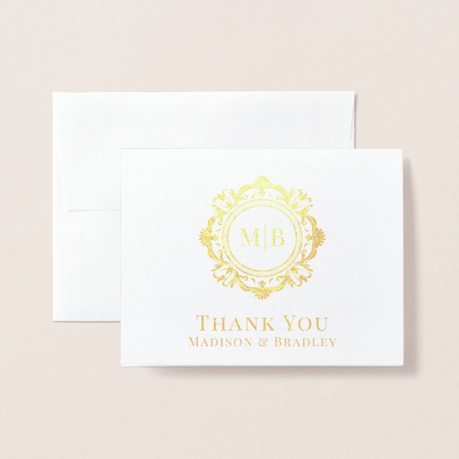 Ornate Blommigt Monogram Bröllop Tack Folierat Kort (Framsida med kuvert)