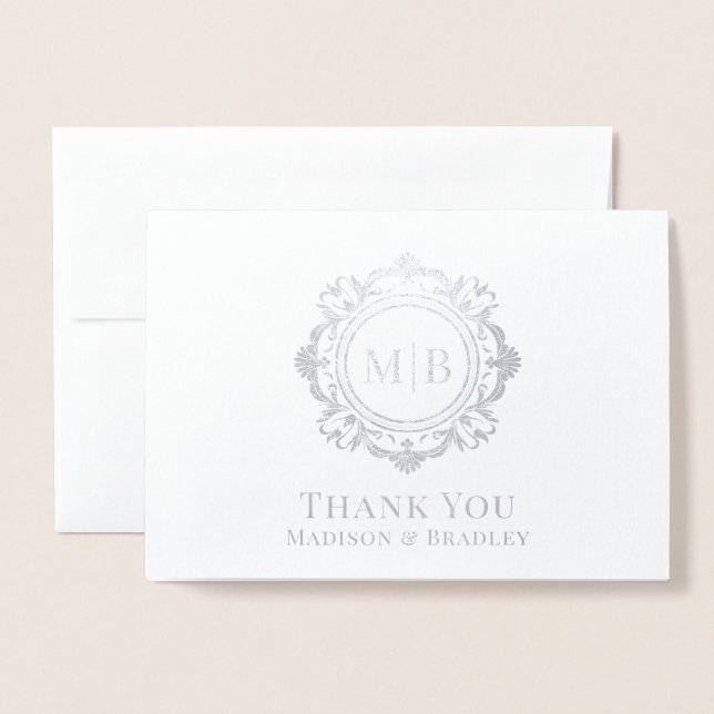 Ornate Blommigt Monogram Bröllop Tack Folierat Kort (Framsida med kuvert)