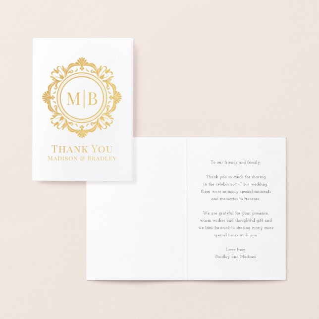 Ornate Blommigt Monogram Bröllop Tack Folierat Kort (Display)