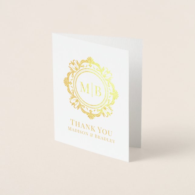 Ornate Blommigt Monogram Bröllop Tack Folierat Kort (Framsida)