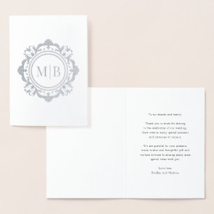 Ornate Blommigt Monogram Bröllop Tack Folierat Kort