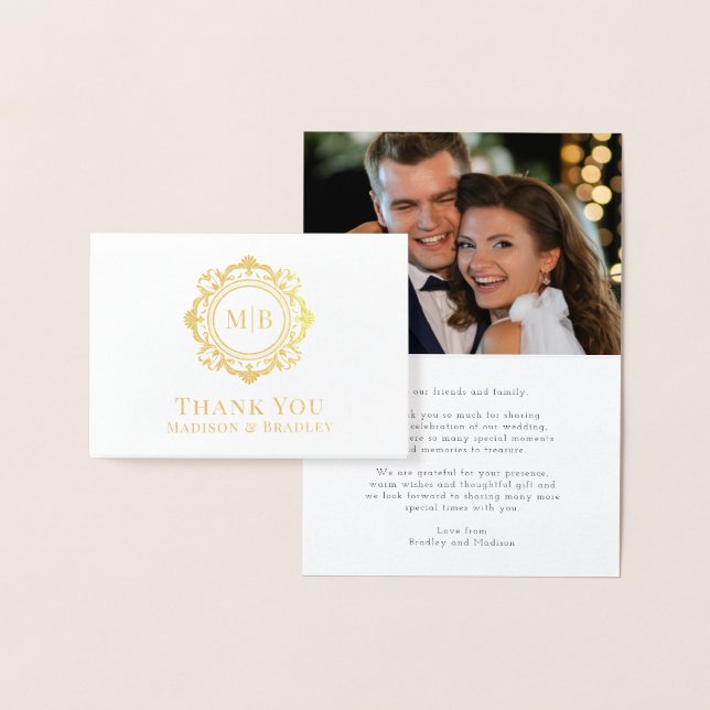 Ornate Blommigt Monogram Bröllop Tack Photo Folierat Kort (Display)