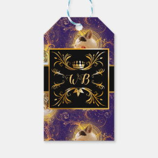 Ornate Blommigt Monogram Cute Cat - Royalets Lila Presentetikett