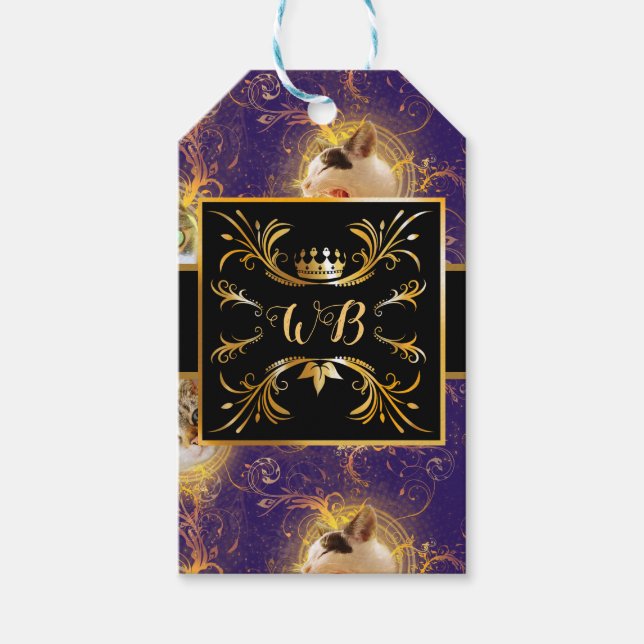 Ornate Blommigt Monogram Cute Cat - Royalets Lila Presentetikett (Framsidan)