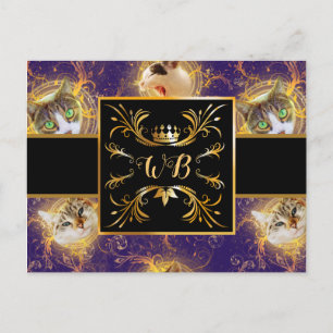 Ornate Blommigt Monogram Cute Cat - Royalets Lila Vykort