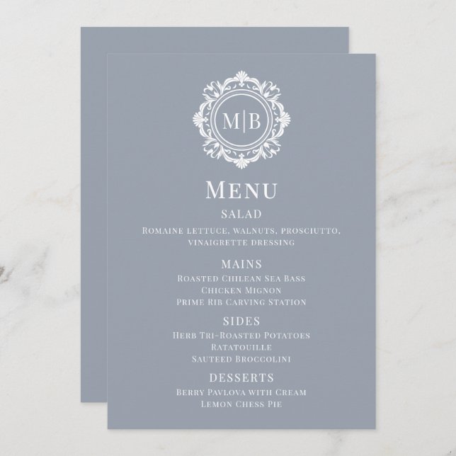 Ornate Blommigt Monogram Silver Bröllop Menu Meny (Fram/baksida)