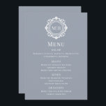 Ornate Blommigt Monogram Silver Bröllop Menu Meny<br><div class="desc">Menykort för Ornate Blommigt Monogram Bröllop Silver Anpassningsbar har personlig monogram initialer i skripttypografi av elegant omgiven av en dekorativ blommigt ram. Perfekt lyxmenyer för bröllop,  förlovningar,  årsdagar,  födelsedagar,  cocktail party,  party,  jul,  firande,  kreativa företag och företag. Skapat av Evco Studio www.zazzle.com/store/evcostudio</div>
