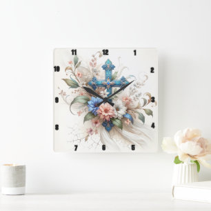 Ornate Blue and Guld Kor Blommigt Elegance Fyrkantig Klocka