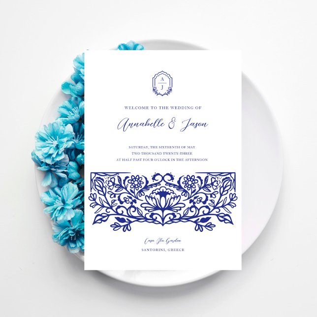Ornate Blue Decoration Blommigt Design Greece Bröl Inbjudningar (Ornate Blue Decorate Floral Design Greece Wedding Invitation)