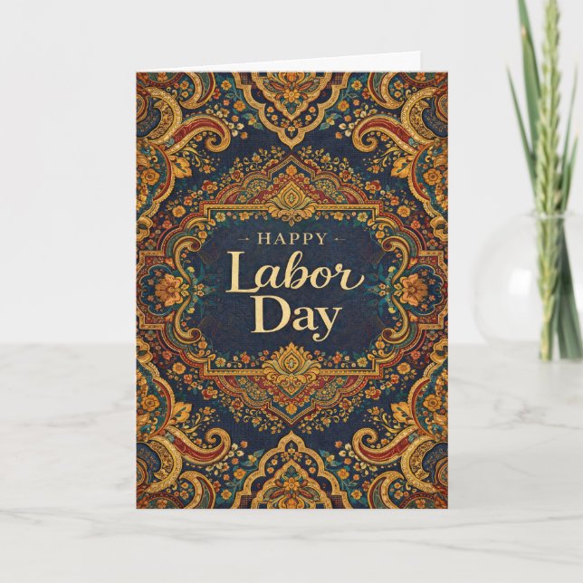 Ornate Blue Gold Scrollwork Happy Labor Day Kort (Framsida)