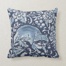 Ornate Blue White Forest Raccoon Berries Woodland Kudde